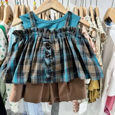 批发女童<b class='q'>夏</b>季2024新款洋气露肩无袖上衣中大儿童装韩版格纹撞色衬衫