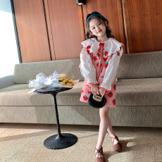 批发2025秋季韩版女童洋气翻领长袖衬衫儿童可爱草莓针织背心连衣裙潮