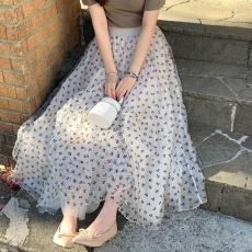 批发已出货 韩国超仙减龄气质蝴蝶结印花高腰<b class='q'>百搭</b>网纱长款大摆半身裙