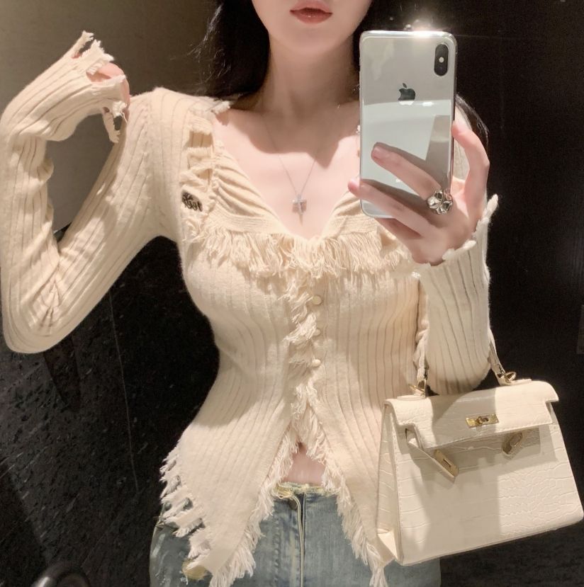 흔들어서 톤 주간 고양이 품질 순수한 욕망 바람 디자인 센스 거친 가장자리 V넥 스웨터 몸매 가꾸기 슬림해 보이는 작은 대중 Chic 오픈 가디건 맨위