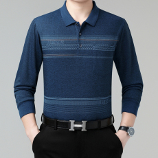 批发春秋长袖t恤男<b class='q'>中年</b>棉质翻领polo衫宽松休闲爸爸装真口袋条纹上衣