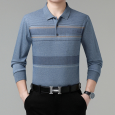 批发春秋长袖t恤男<b class='q'>中年</b>棉质翻领polo衫宽松休闲爸爸装真口袋条纹上衣
