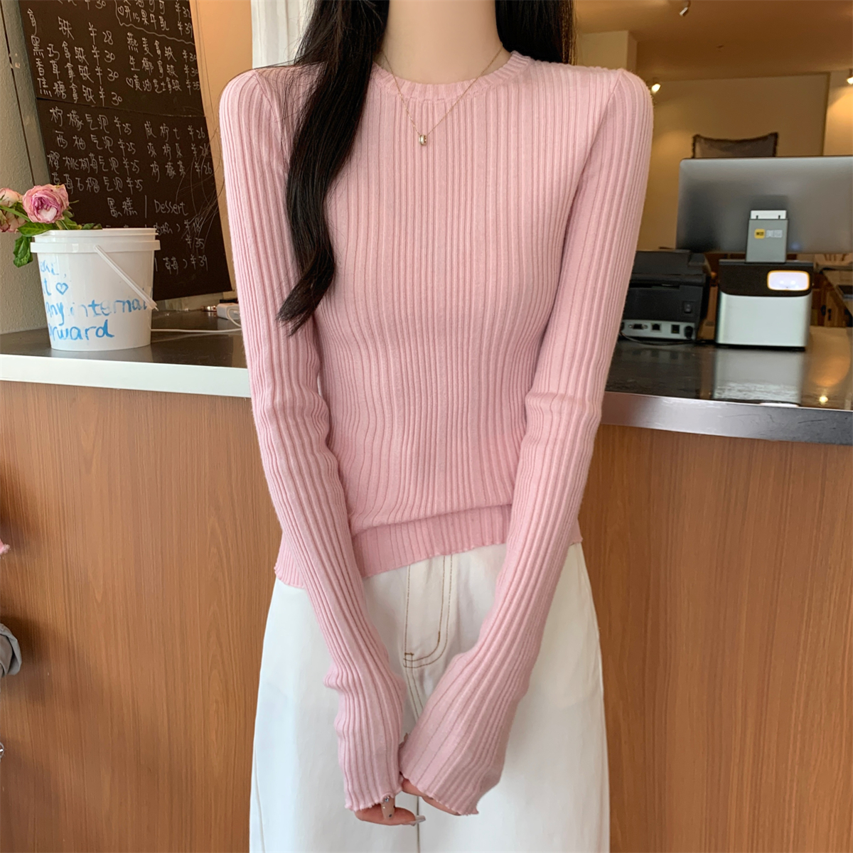 Real shot of autumn Korean style slimming temperament pit strips slimming 6 wool sweater long-sleeved bottoming top for women