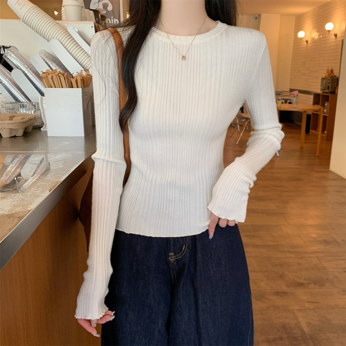 Real shot of autumn Korean style temperament pitted fungus edge slimming 6 wool sweater long-sleeved bottoming top for women