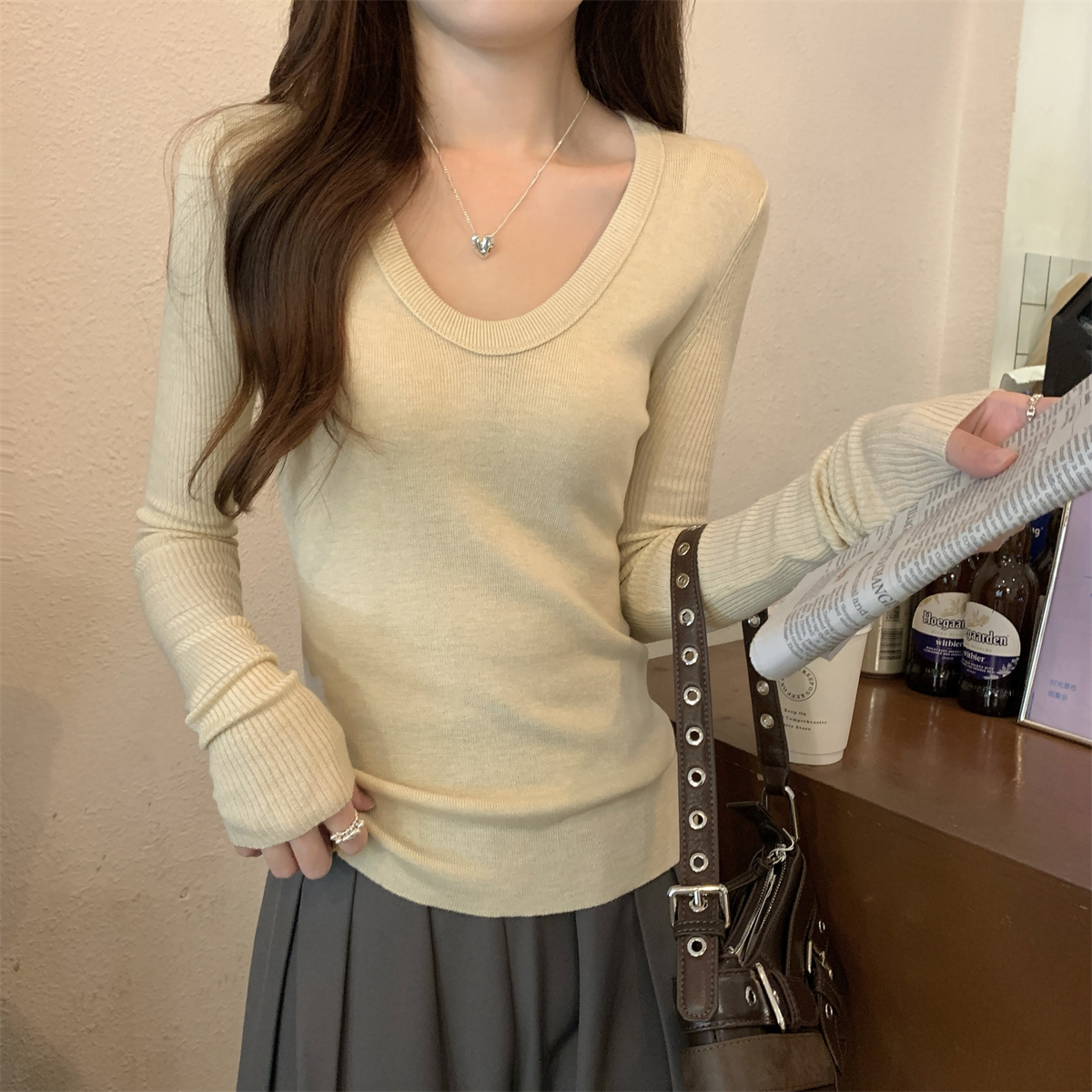 Real shot of autumn Korean style slim temperament u-neck versatile slimming 6 wool sweater long-sleeved bottoming top