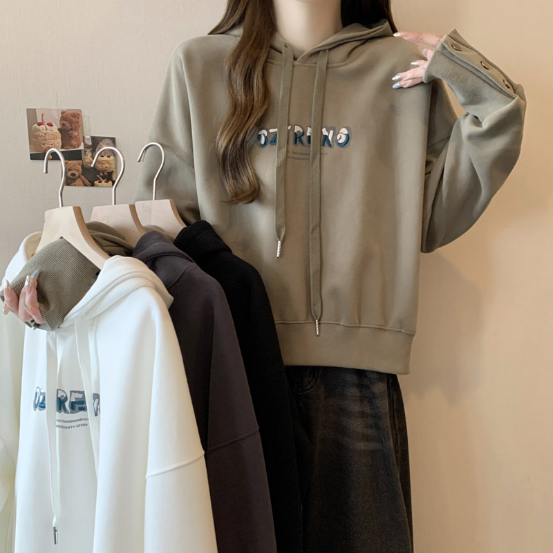 MY14922# 华棉设计感袖口纽扣连帽套头短款卫衣女新款短款帽衫上衣外套...