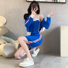 批发实拍秋针织运动套装<b class='q'>长袖</b>拉链短外套+修身包臀打底吊带连衣裙