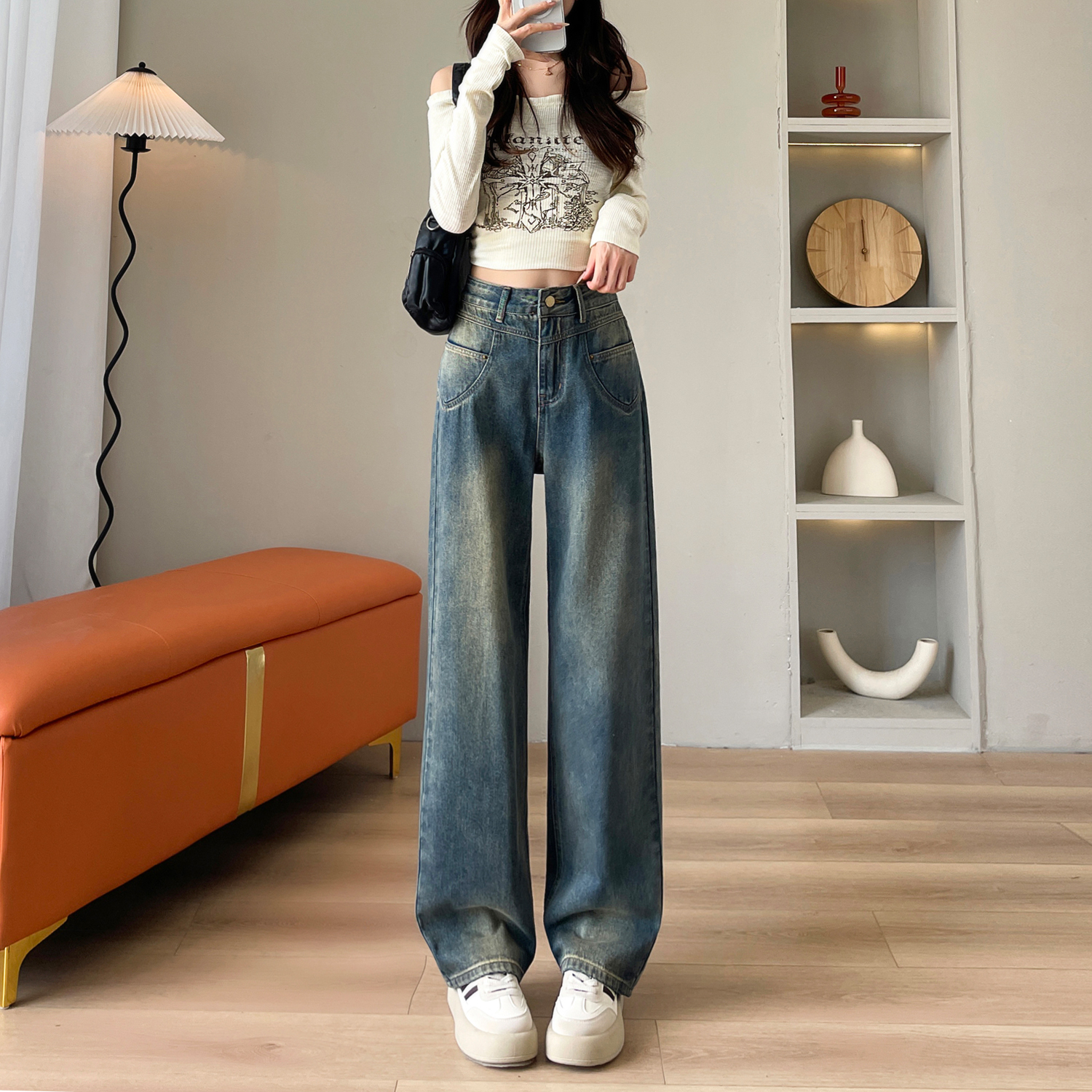 실사 2026 봄 작은 키 청바지 여성 레트로 블루 와이드 레그 팬츠 루즈핏 슬림해 보이는 9부 바지 스트레이트 긴 바지