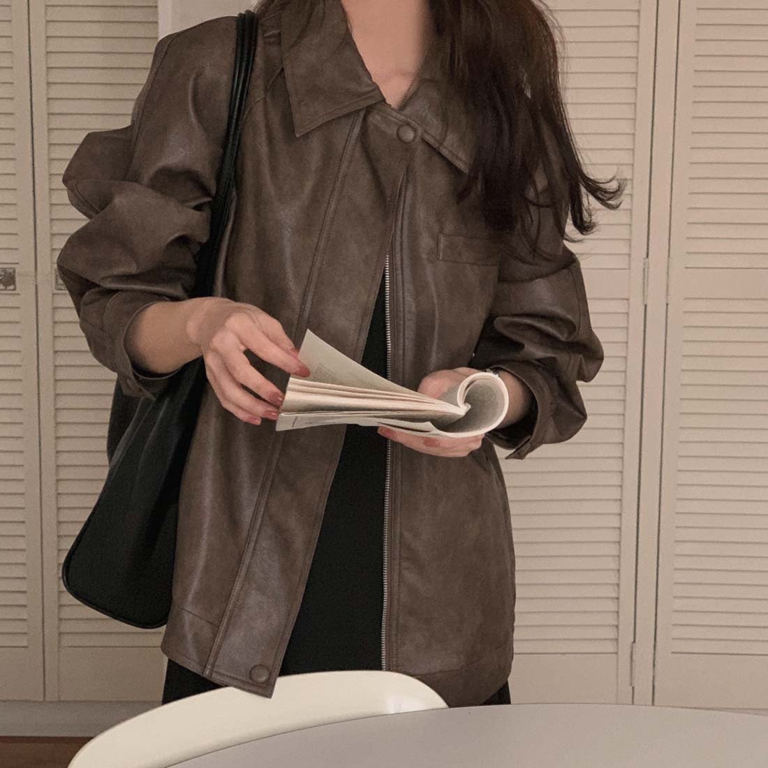있음 선적 한국 chic 프랑스식 잘 생긴 폴로 칼라 지퍼 루즈핏 다용도 BF 바람 오토바이 서비스 PU 가죽 외투