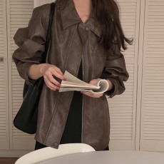 批发已出货 韩国chic 法式帅气翻领拉链宽松百搭BF风机车服PU<b class='q'>皮衣</b>外套