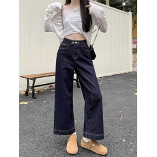 批发实拍蓝色复古水洗裤子<b class='q'>牛仔裤</b>宽松阔腿裤女秋冬高腰显瘦直筒裤长裤