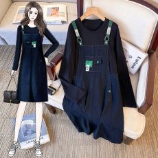 批发实拍大码女装胖mm2026年新款春<b class='q'>秋</b>装减龄显瘦假两件T恤拼接连衣裙