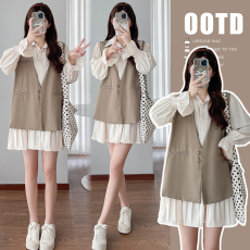 批发实拍现 <b class='q'>孕妇装</b>2026新款春装杏色连衣裙卡其马甲两件套套装