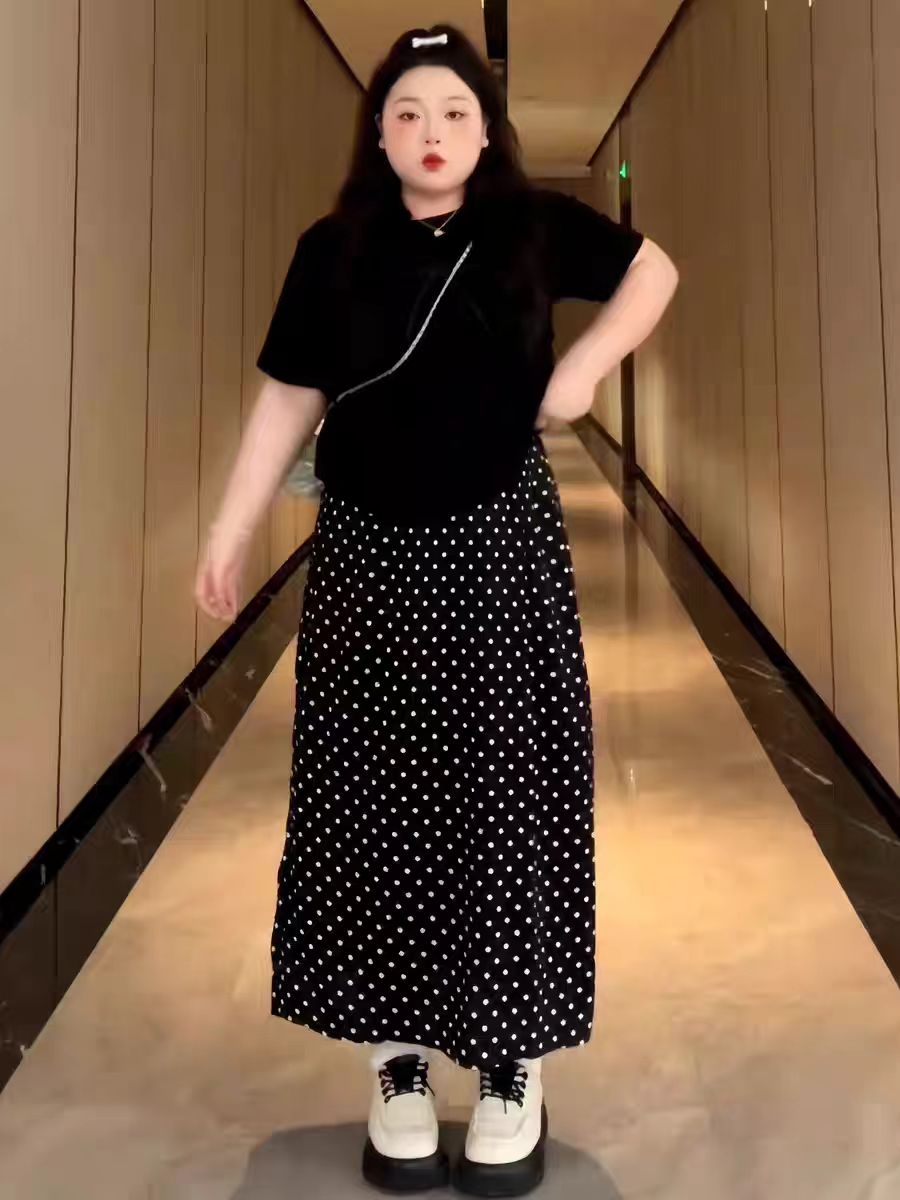 RY8570# 大码蝴蝶结短袖t恤上衣波点半身裙两件套女微胖mm夏装搭配一整套