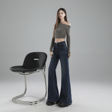 批发实拍欧美复古高腰弹力水洗波纹压褶喇叭牛仔修身显瘦马蹄喇叭<b class='q'>裤</b>