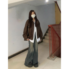批发美式复古咖色皮衣外套女秋冬季2026新款设计感oversize夹克棒球服
