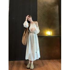 批发实拍实价~布拉格假日波西米亚浪漫宽松露肩连衣裙+民族风编织腰带