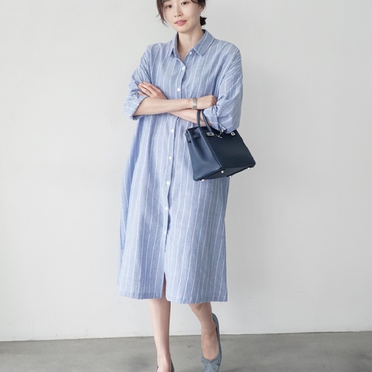 MY5071# 新款韩版百搭宽松中长款过膝长袖条纹衬衫裙女有插口袋女裝貨源服裝批發