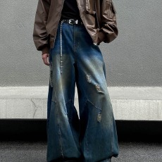 批发高街潮牌脏染廓形破洞牛仔裤男女设计感小众做旧美式复古阔腿潮裤