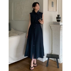 批发韩版chic简约气质系腰带衬衣领无袖连衣裙<b class='q'>长裙女</b>两侧有口袋配腰带