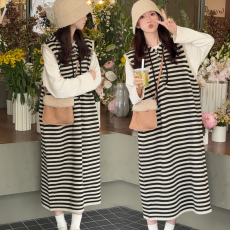 批发<b class='q'>大码</b>女装秋冬套装韩版时尚宽松长袖上衣+针织条纹背心裙两件套