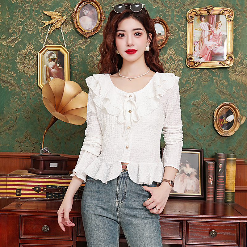 PF20966#时尚双层荷叶边娃娃领喇叭袖衬衫女秋季收腰显瘦长袖上衣女女裝貨源服裝批發