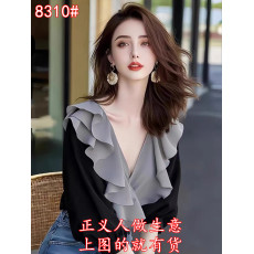 批发初夏黑色拼接荷叶边短袖衬衫衬衣独特漂亮上衣早秋季女装2026新款