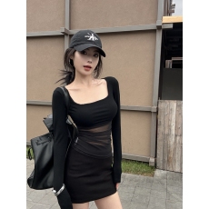 批发实拍实价不讲价纯欲性感辣妹风方领修身显瘦拼接网纱长袖T恤上衣
