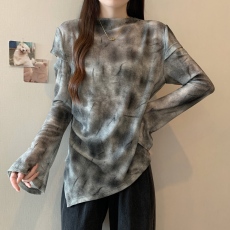 批发实拍~胖MM大码正肩不规则设计感扎染长袖T恤