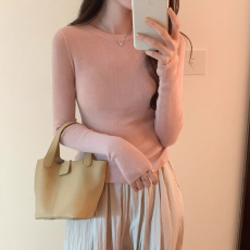 批发包芯纱穿搭修身套头打底针织衫女春秋装圆领内搭正肩长袖上衣