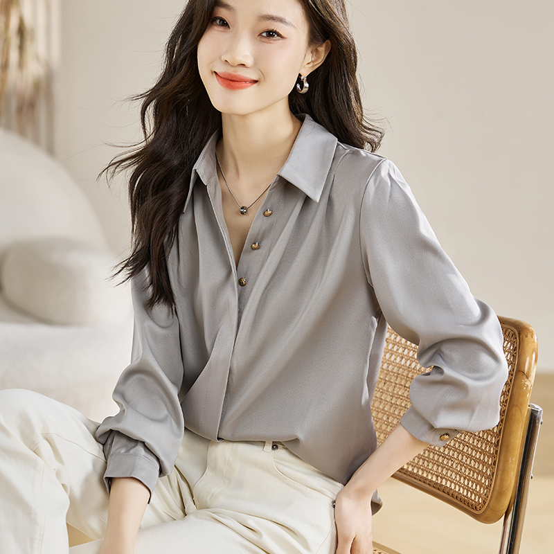 실사 외국 가스 슬림해 보이는 봄 가을 새로운 여성 의류 폴로 칼라 단색 쉬폰 블라우스 맨위 오픈 가디건 셔츠 기본 셔츠 셔츠
