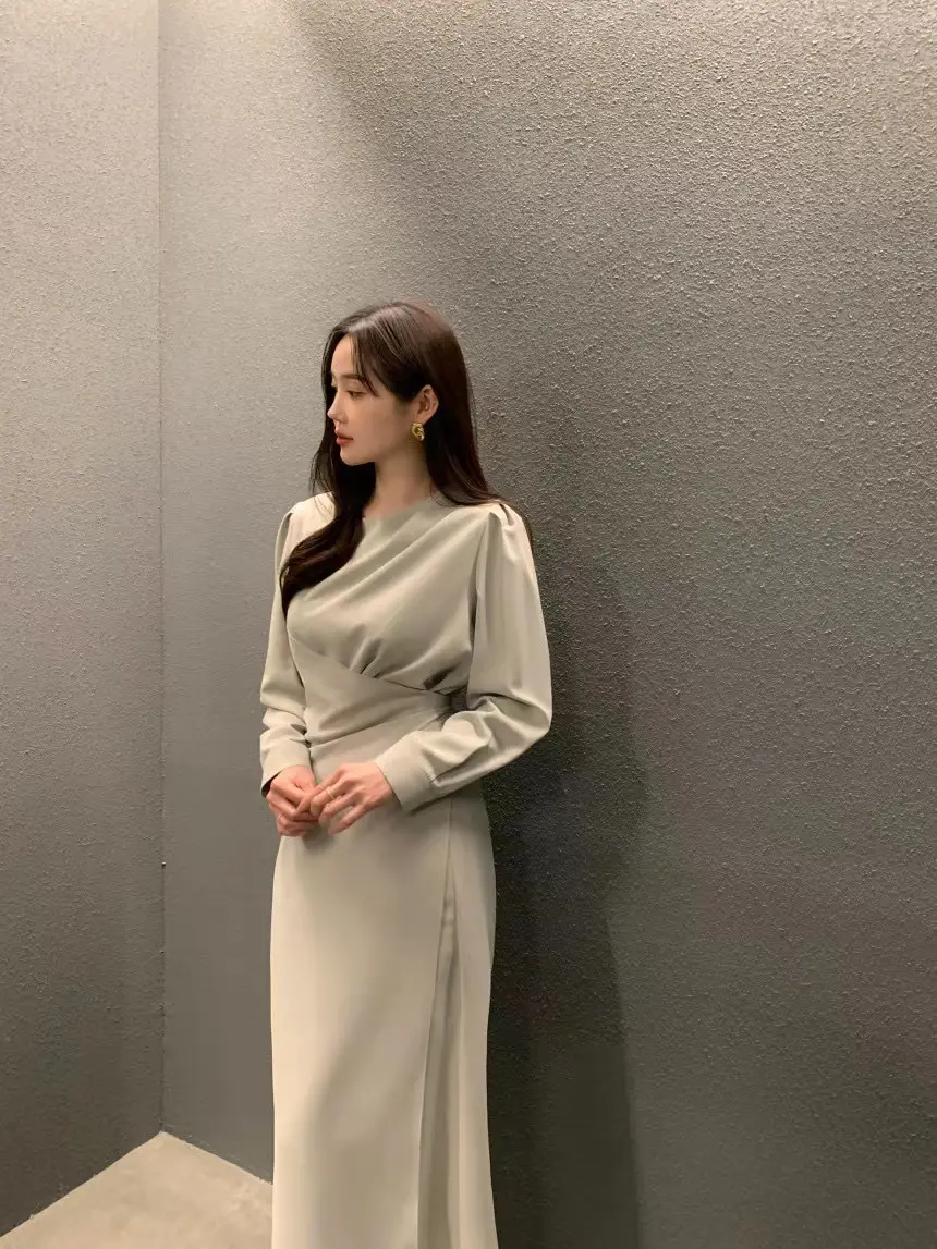 진주 소재 허리 라인 체크 셔츠 슬리브 원피스 상세 이미지 2