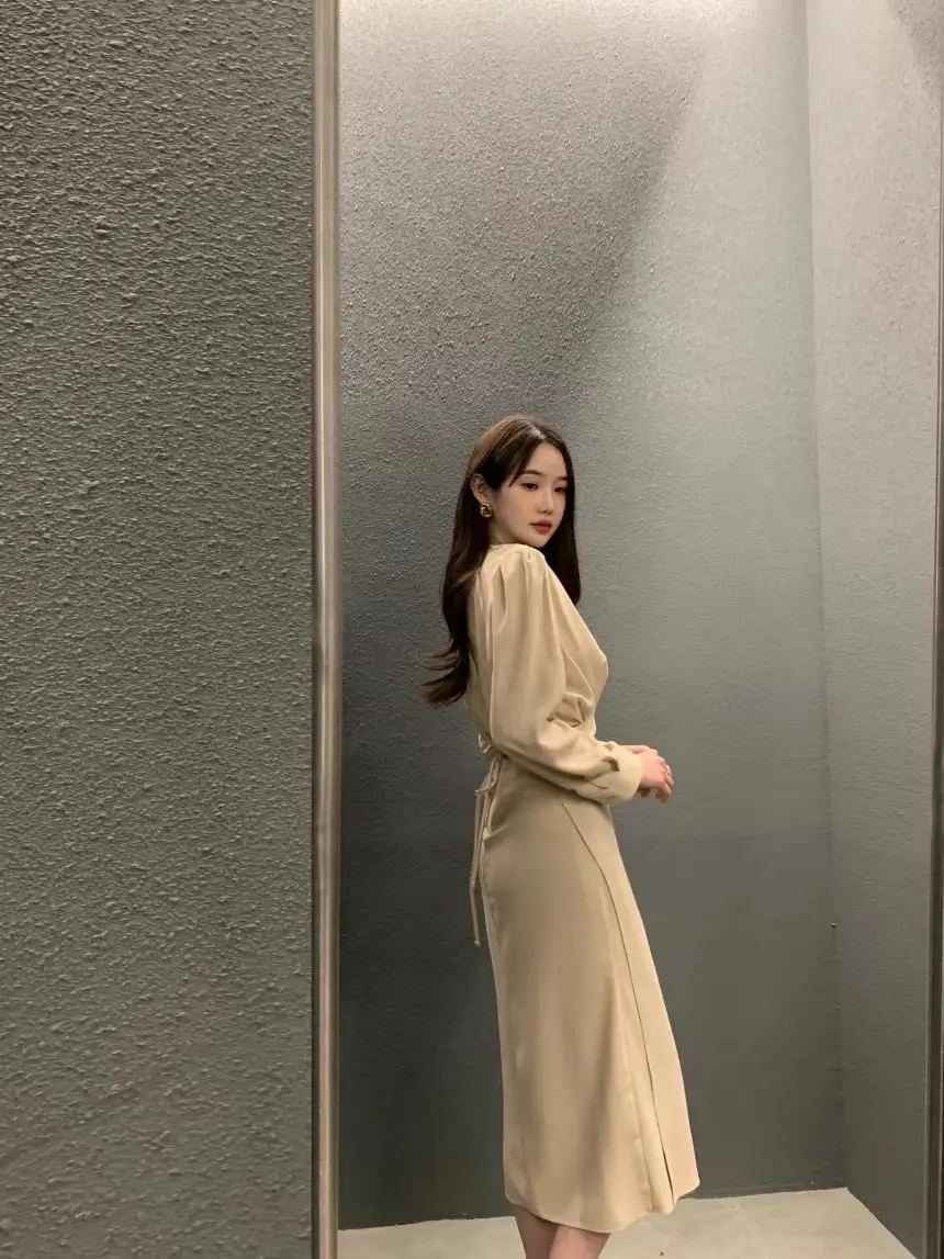 진주 소재 허리 라인 체크 셔츠 슬리브 원피스 상세 이미지 5