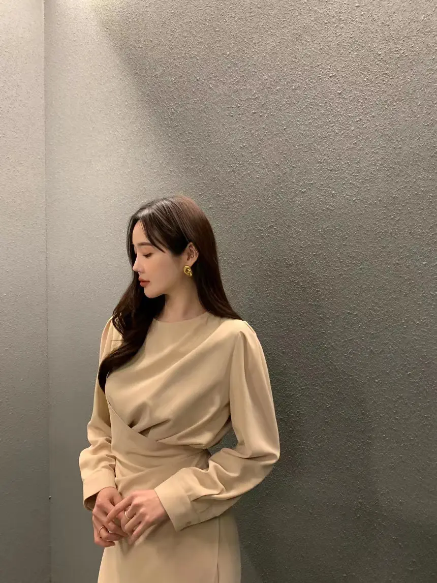 진주 소재 허리 라인 체크 셔츠 슬리브 원피스 상세 이미지 6