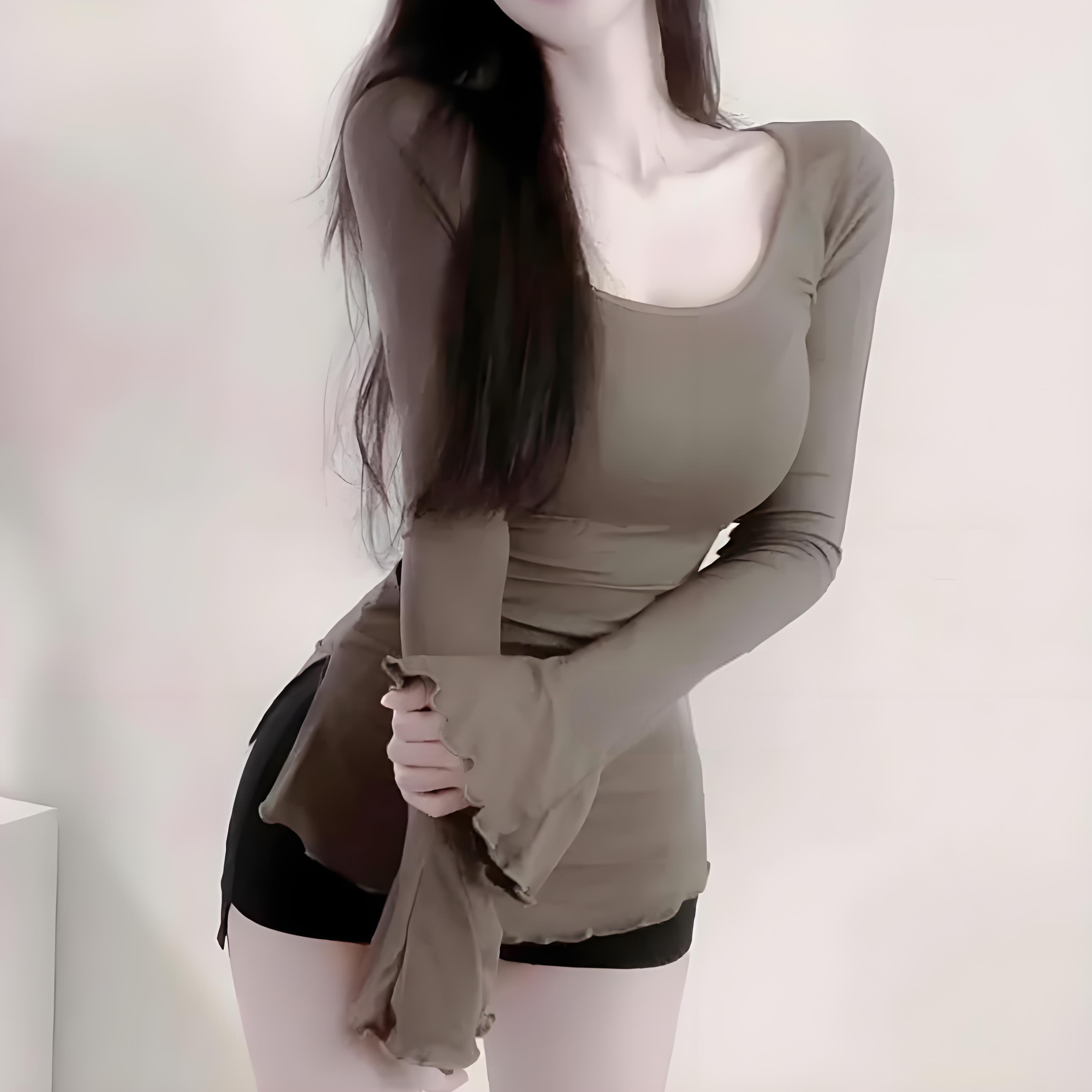 한국 동대문 가을과 겨울 새로운 기질 광장 칼라 이슬 쇄골 허리 디스플레이 몸 나무 귀 벨 슬리브 티셔츠 여자