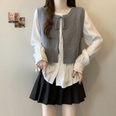 批发实拍~大码时尚套装秋季新款针织马甲+白色长袖休闲衬衣两件套