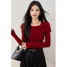 批发实拍◆◆不规则一字肩长袖针织衫女秋季新款修身上衣斜肩毛衣