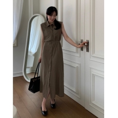 批发韩版chic简约气质系腰带衬衣领无袖<b class='q'>连衣裙</b>长裙女两侧有口袋配腰带