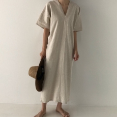 批发韩国ins极简主义复古长款<b class='q'>宽松</b>慵懒风V领长款短袖过膝<b class='q'>连衣裙</b>女