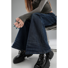 批发欧美复古高腰弹力水洗波纹压褶喇叭牛仔新款修身显瘦马蹄喇叭<b class='q'>裤</b>