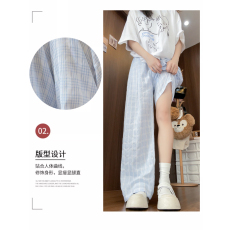 批发外贸人棉原版 立体腰包边蓝色冰丝格子裤女新款休闲高腰垂感慵懒