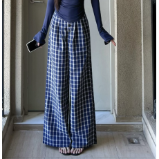 批发外贸纽扣版全包边加朴纸同款低腰格子裤宽松阔腿显瘦单排扣格纹裤