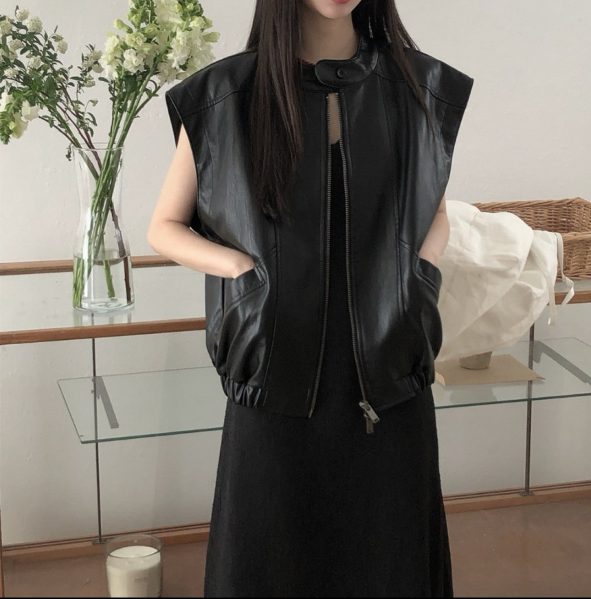 있음 선적 한국 동대문 가을 레트로 잘 생긴 라운드 넥 지퍼 민소매 PU 가죽 베스트 여성 코트