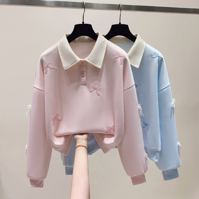 3D flower embroidery polo collar hoodie for women 2024 new sweet and age reducing student short top_voghion.com