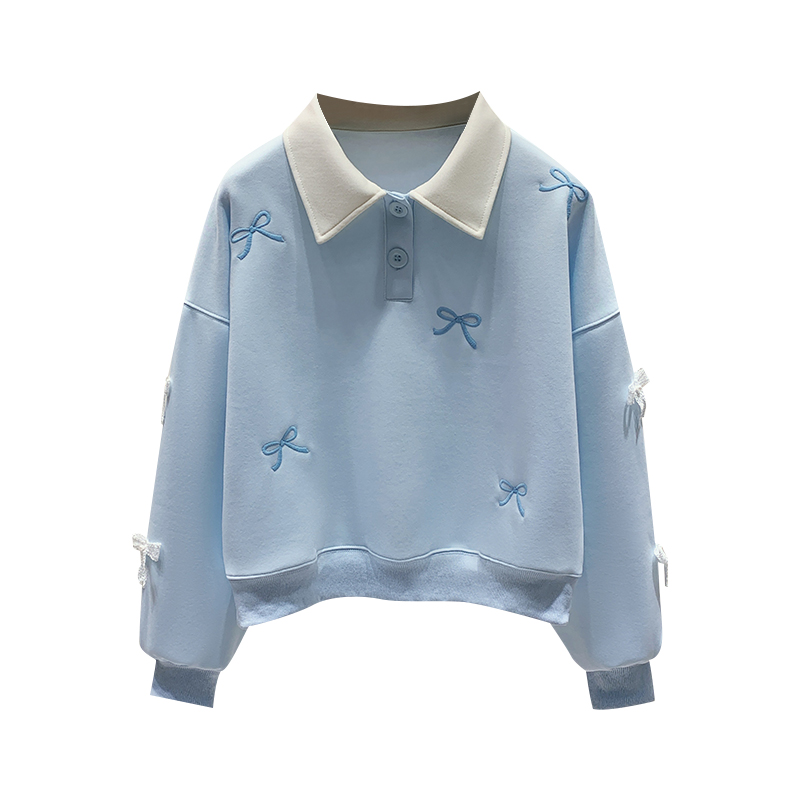 3D flower embroidery polo collar hoodie for women 2024 new sweet and age reducing student short top_voghion.com