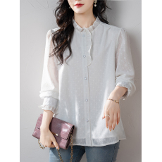 批发限价+12+小视频 <b class='q'>长袖</b><b class='q'>上衣</b>女2026新款春季<b class='q'>雪纺</b>木耳边单排扣衬衫