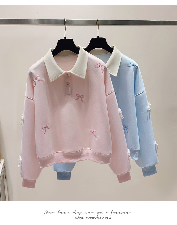 3D flower embroidery polo collar hoodie for women 2024 new sweet and age reducing student short top_voghion.com