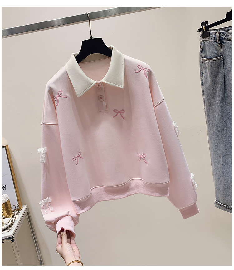 3D flower embroidery polo collar hoodie for women 2024 new sweet and age reducing student short top_voghion.com