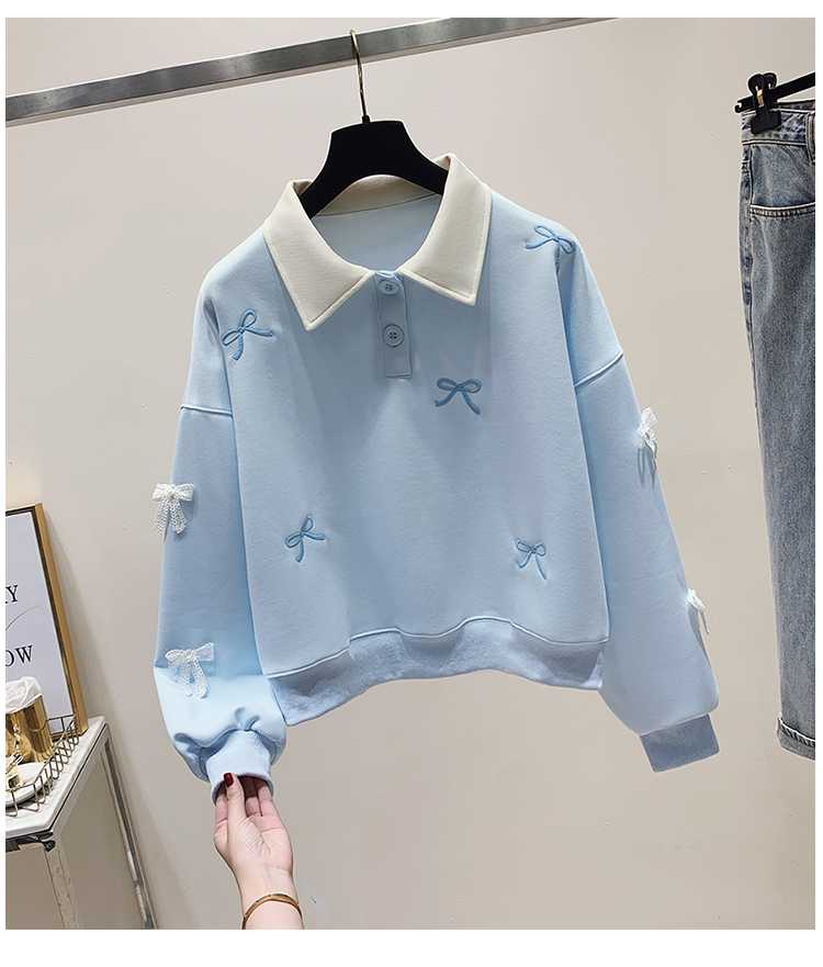 3D flower embroidery polo collar hoodie for women 2024 new sweet and age reducing student short top_voghion.com