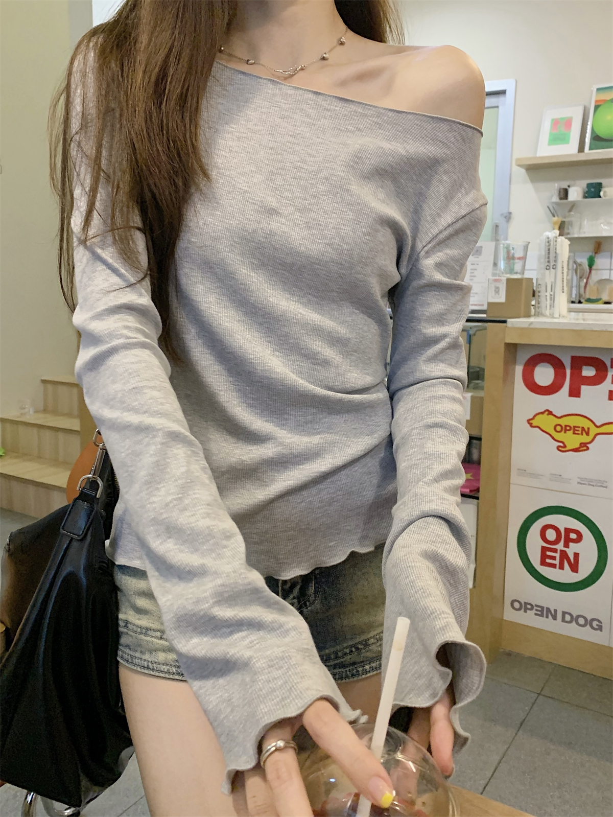 Real shot of autumn Korean style temperament fungus side collar solid color slimming long-sleeved T-shirt with inner top for women